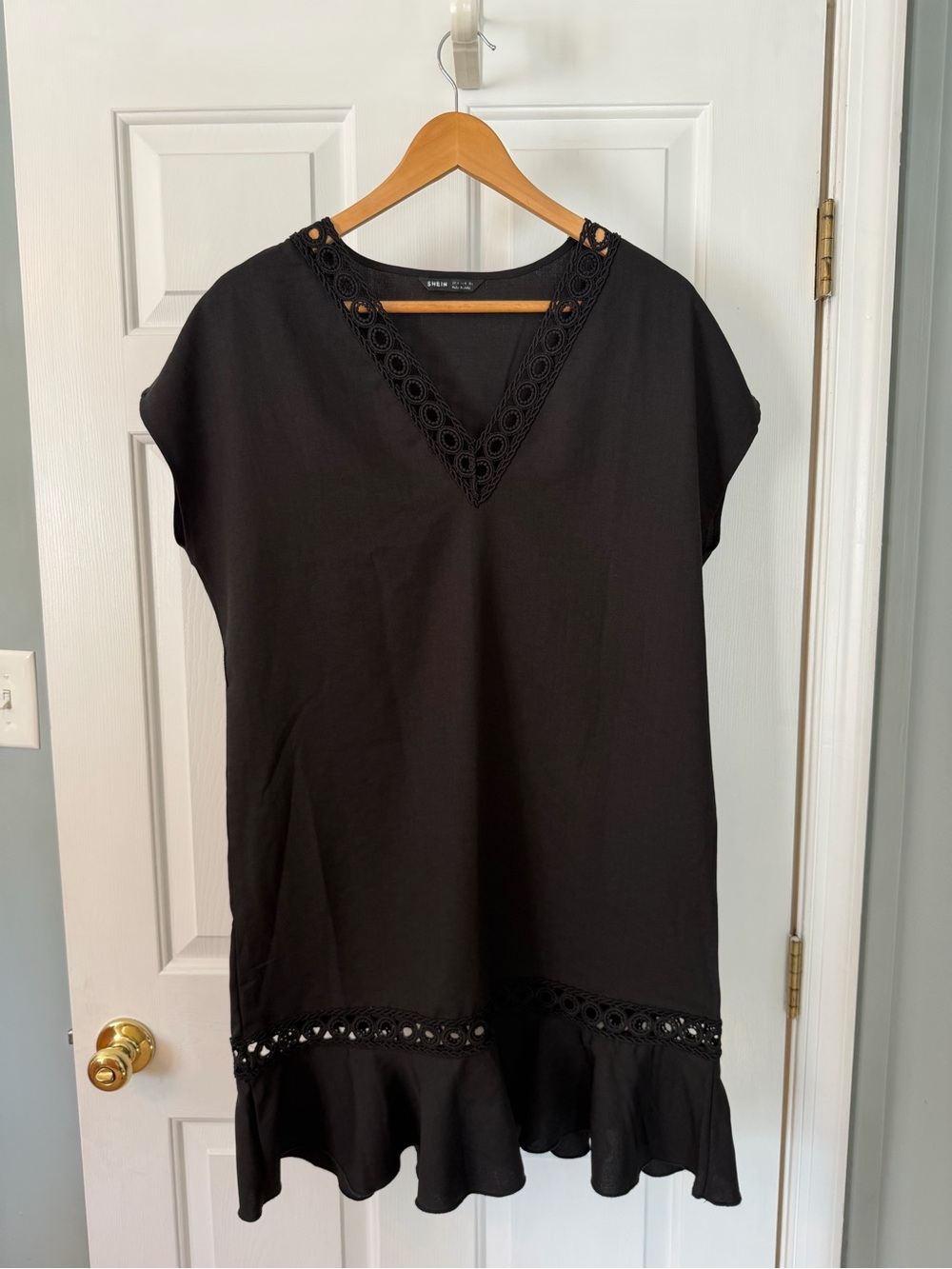 SHEIN Black Crochet Lace Trim V-Neck Swim Cover Up Mini Dress (Size S/M)